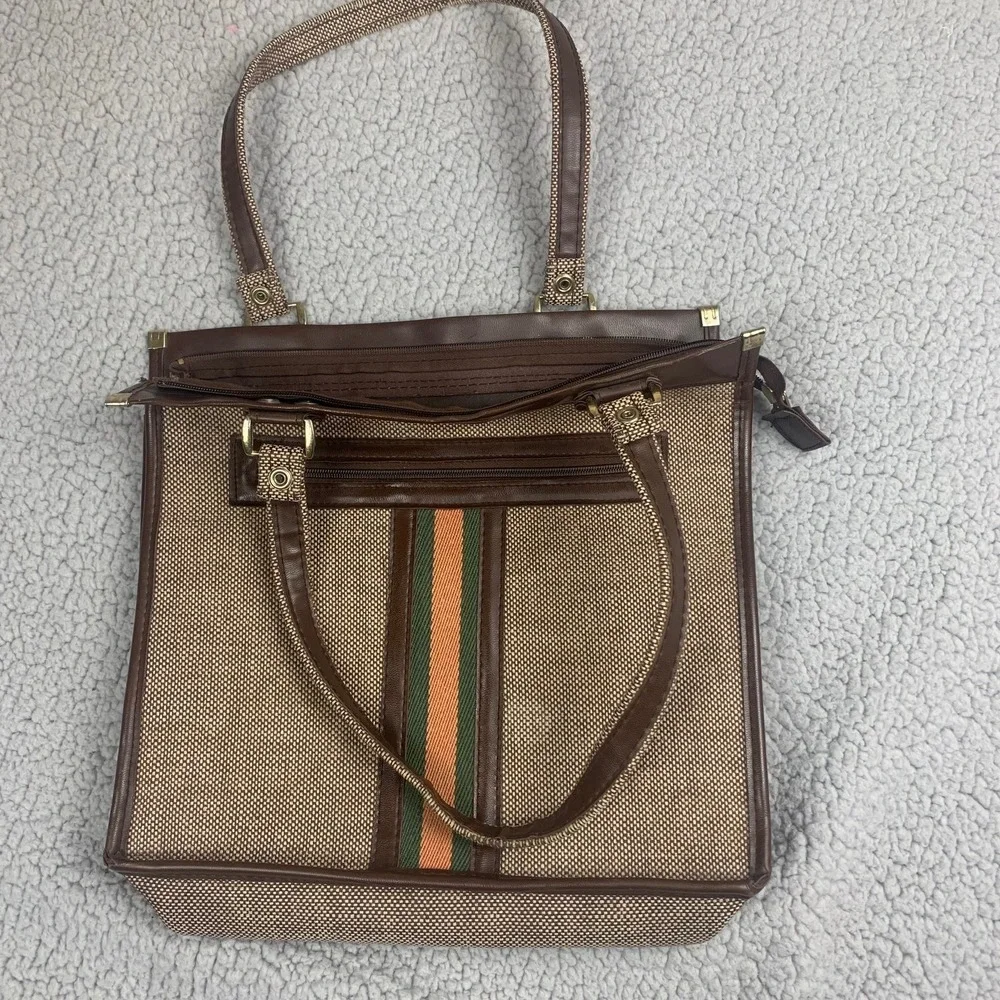 Vintage‎ 70s Tweed Satchel Tote Bag Handbag Striped Business 12x13 Retro Purse